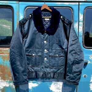 70s heavy-duty navy satin nylon police issue cruiser jacket w/ faux fur collar